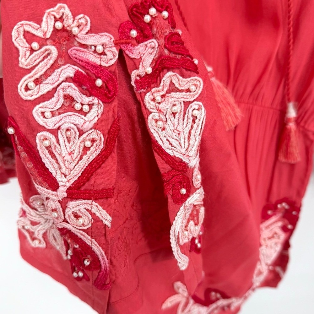 Soft Surroundings Womens Small Tunic Top Embroidered Beaded Tassel Coral Crush - Picture 5 of 9